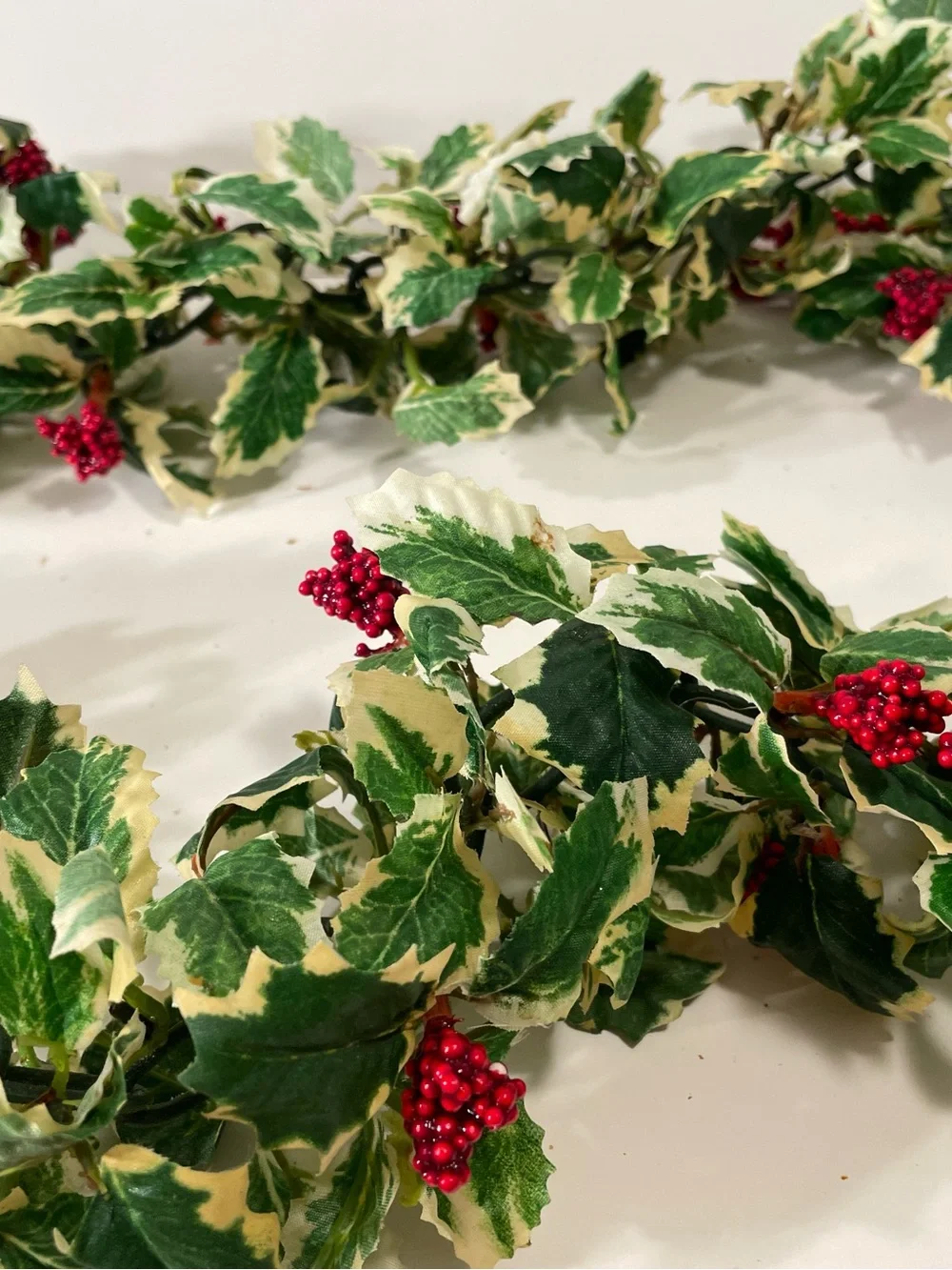 Vintage Christmas Holly Ivy Garland Lot 2 Pieces 5 Ft & 3 Ft Plastic Decor MCM